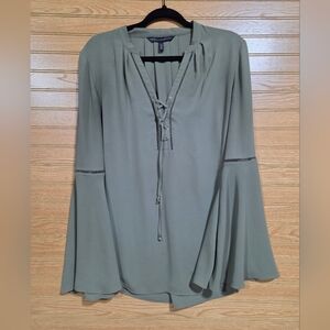 White House Black Market Sage Blouse with Lace-Up Front And Flare Sleeve Size 12